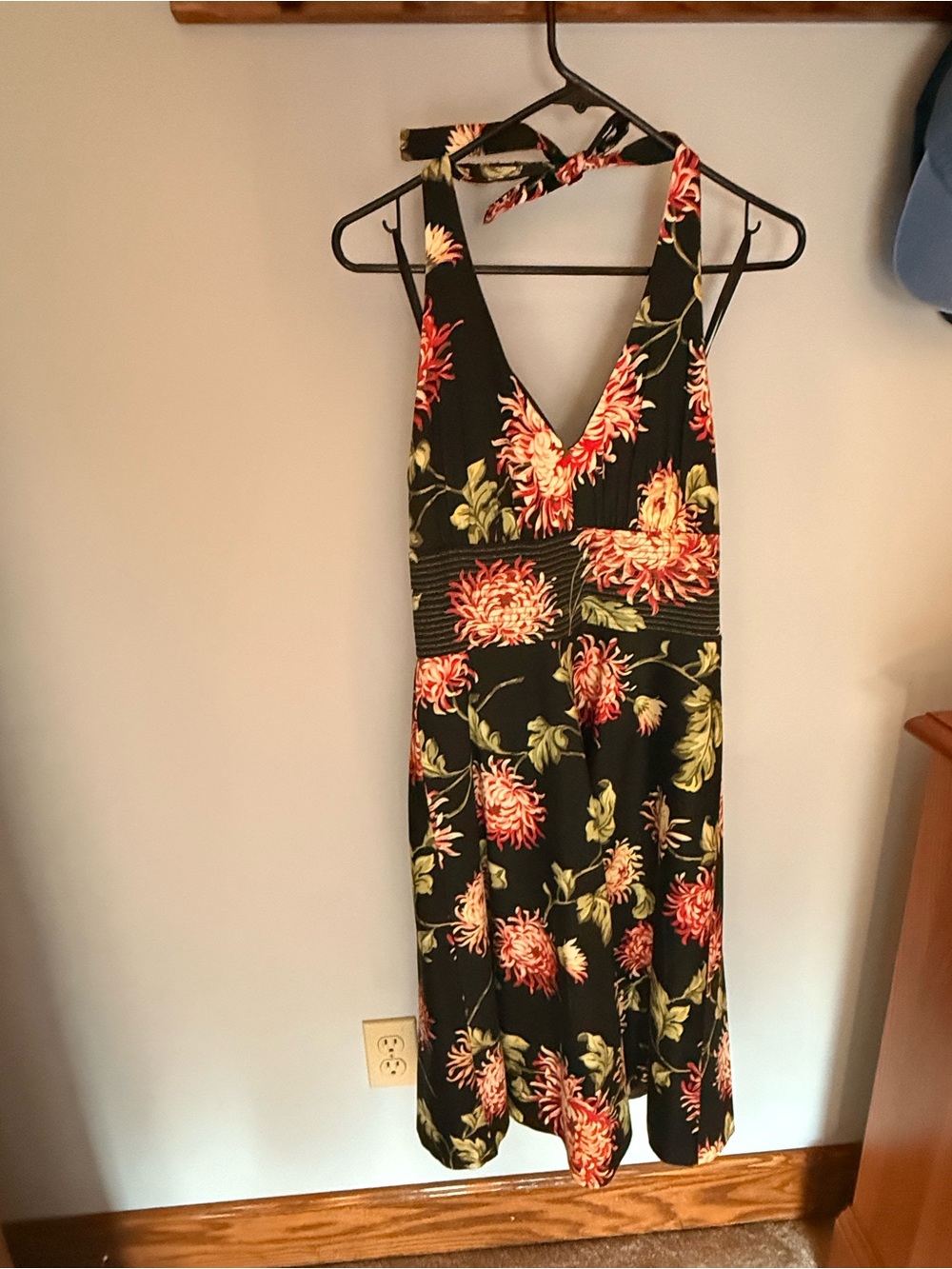 Donna Ricco Black Halter Maxi Dress with Red and Cream Floral Print